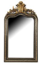 Ebonized wooden and gold-colored mirror with floral crest