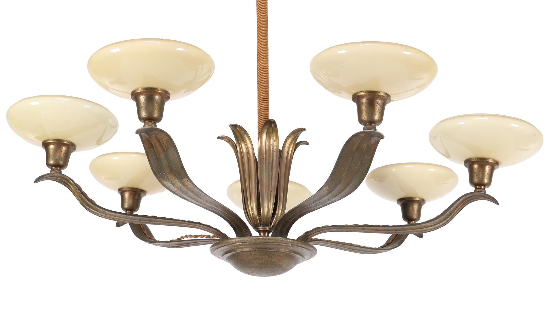 Bronze Art Deco 7-light hanging lamp with glass bowls - Bild 2 aus 3