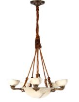 6-light hanging lamp with alabaster bowl and shades