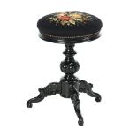 Black lacquered richly upholstered piano stool with embroidered seat