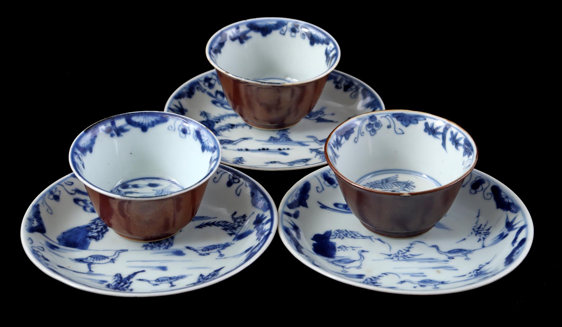 3 porcelain cups and saucers, Qianlong