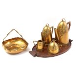 Wooden tray with copper pots, bowls and jug