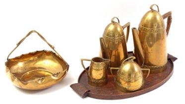 Wooden tray with copper pots, bowls and jug