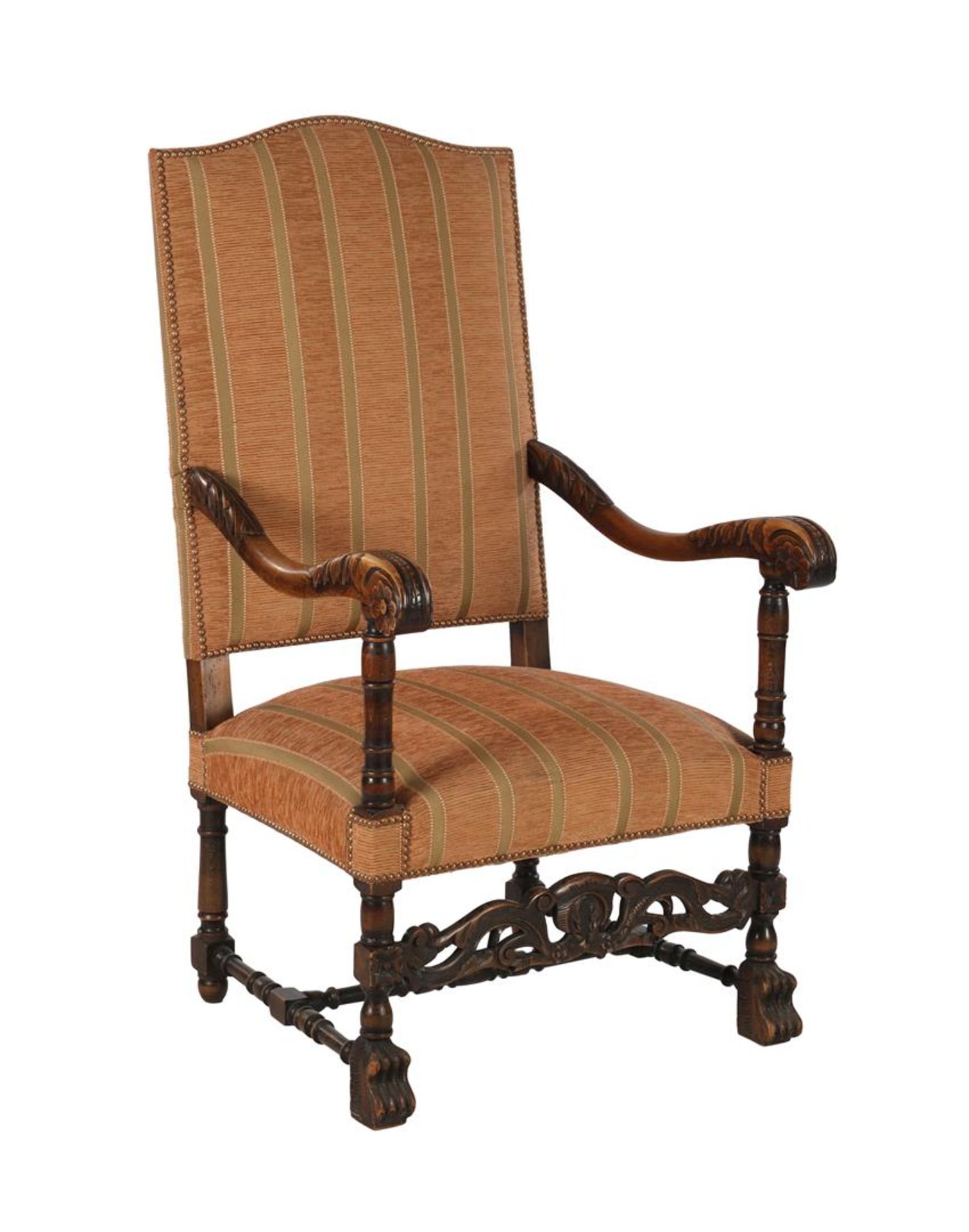 Richly decorated oak armchair with striped upholstery