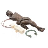 Wooden Christ statue, bone inro and bracelet