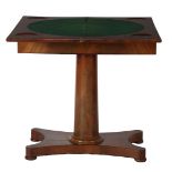 Mahogany veneer gaming table on round column leg, top with green felt