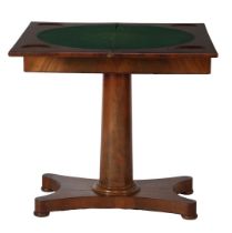 Mahogany veneer gaming table on round column leg, top with green felt