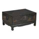 Black lacquered box with lid and brass fittings on dismountable base