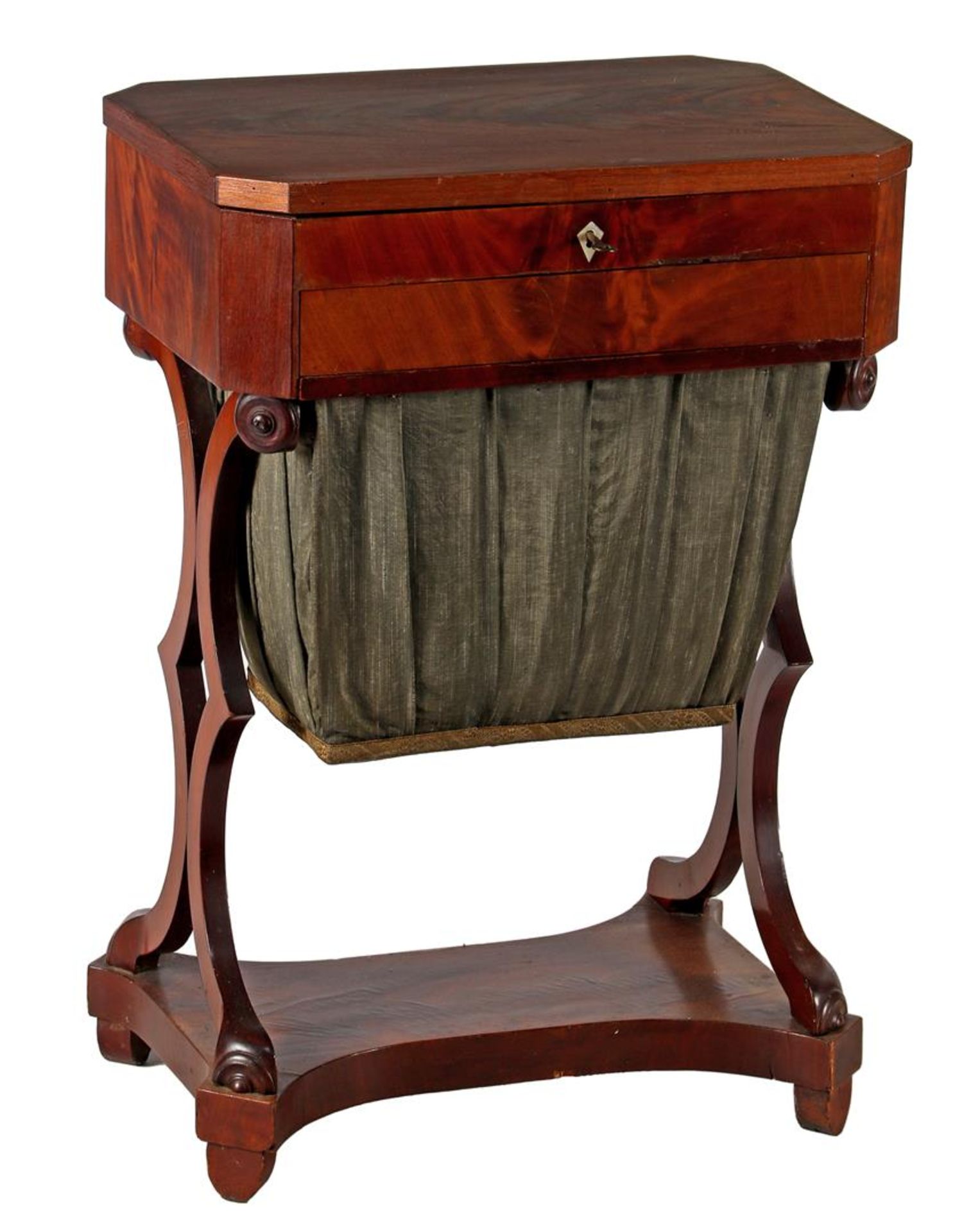 Mahogany veneer craft furniture with wool bag, ca. 1890