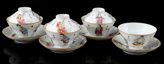 4 Wu Shuang Pu cups and saucers with lids, Daoguang