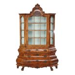 Burr walnut veneer 2-piece display cabinet with 2-door glazed top cabinet