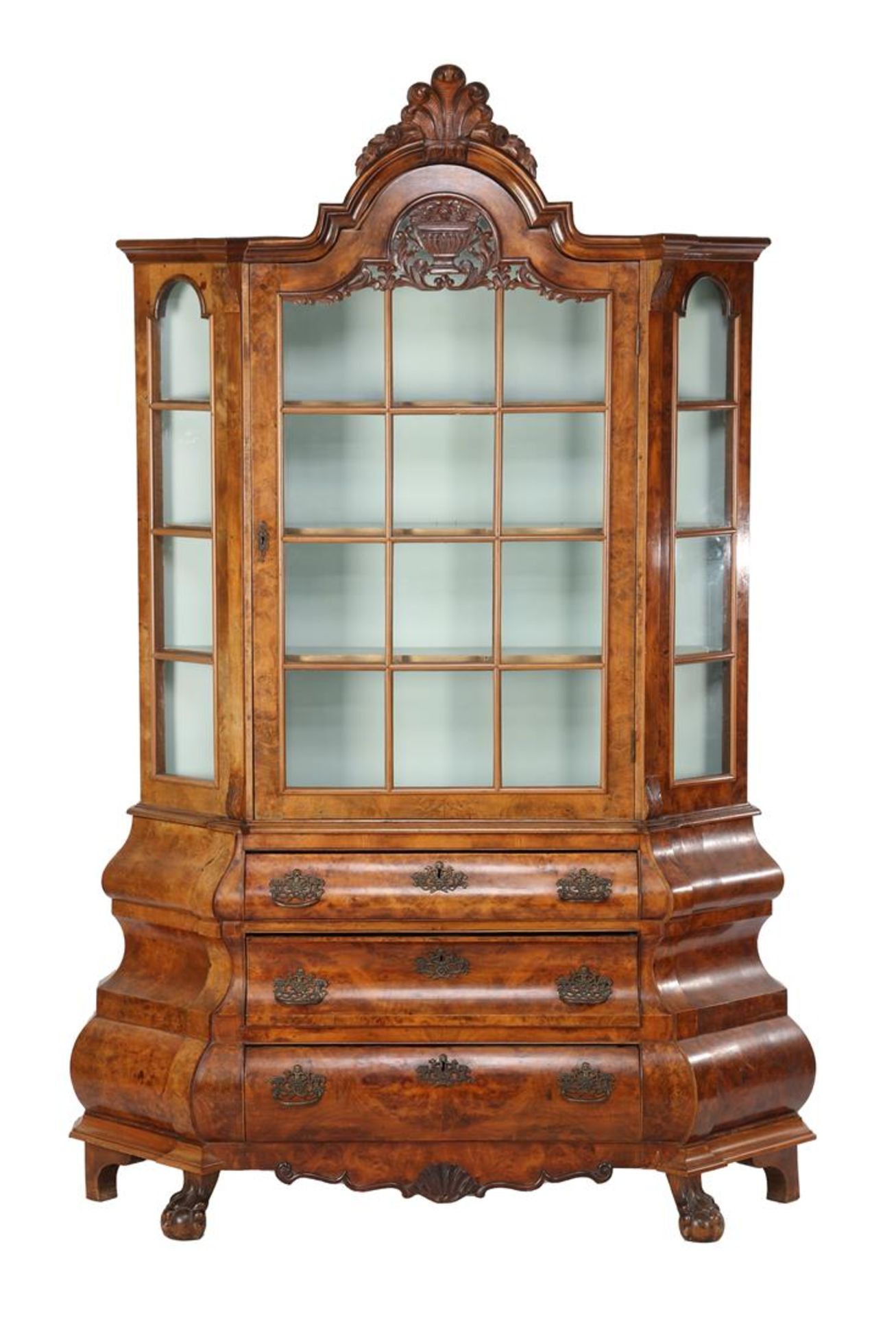 Burr walnut veneer 2-piece display cabinet with 2-door glazed top cabinet