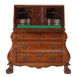 Burr walnut veneer double-curved 3-drawer folding desk