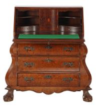 Burr walnut veneer double-curved 3-drawer folding desk