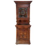 Oak Mechelen cupboard, upstand with stained glass door