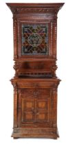 Oak Mechelen cupboard, upstand with stained glass door