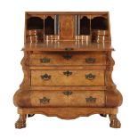 Burr walnut veneer on oak double-curved 3-drawer folding desk