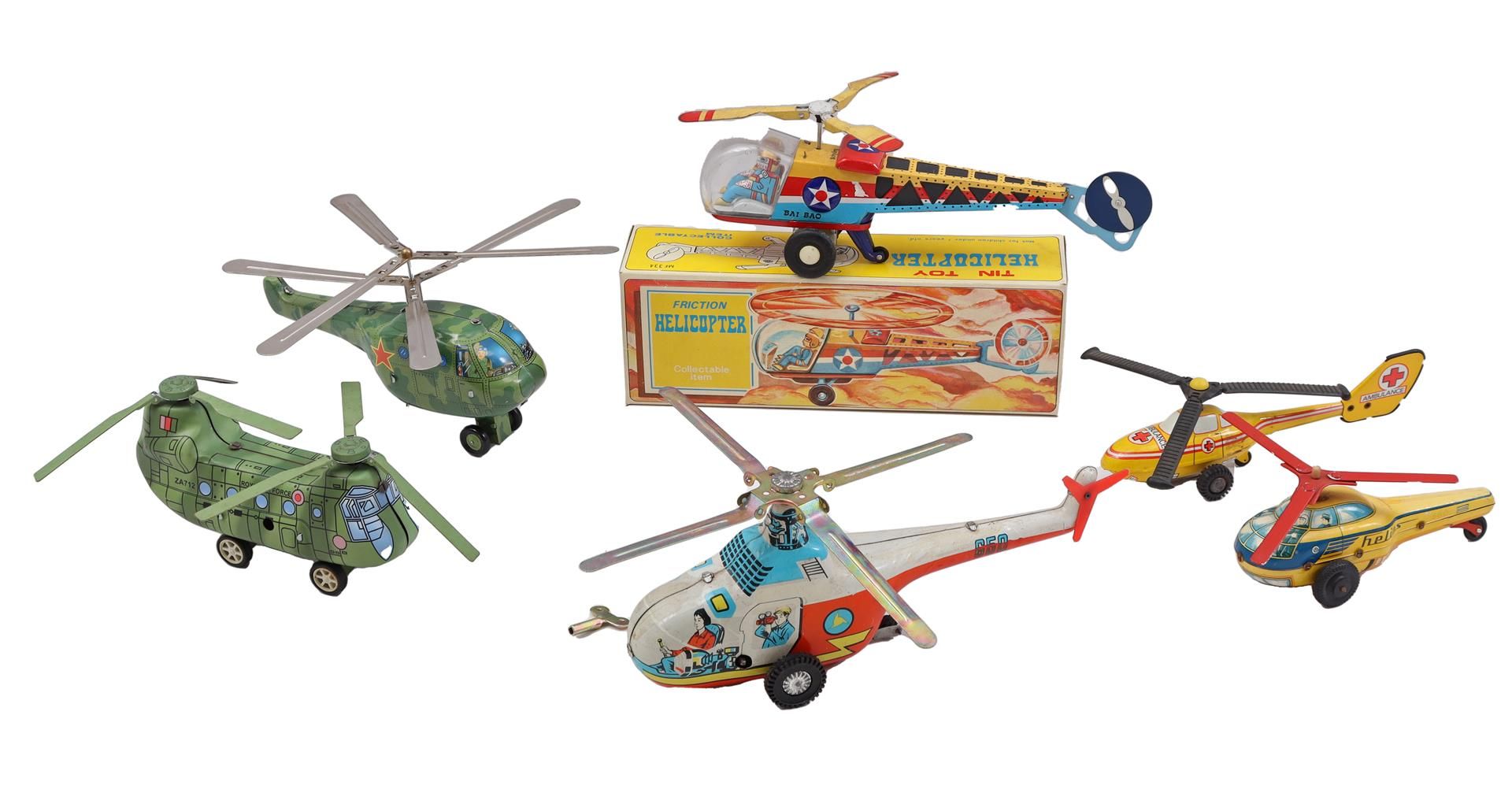 6 tin toy helicopters