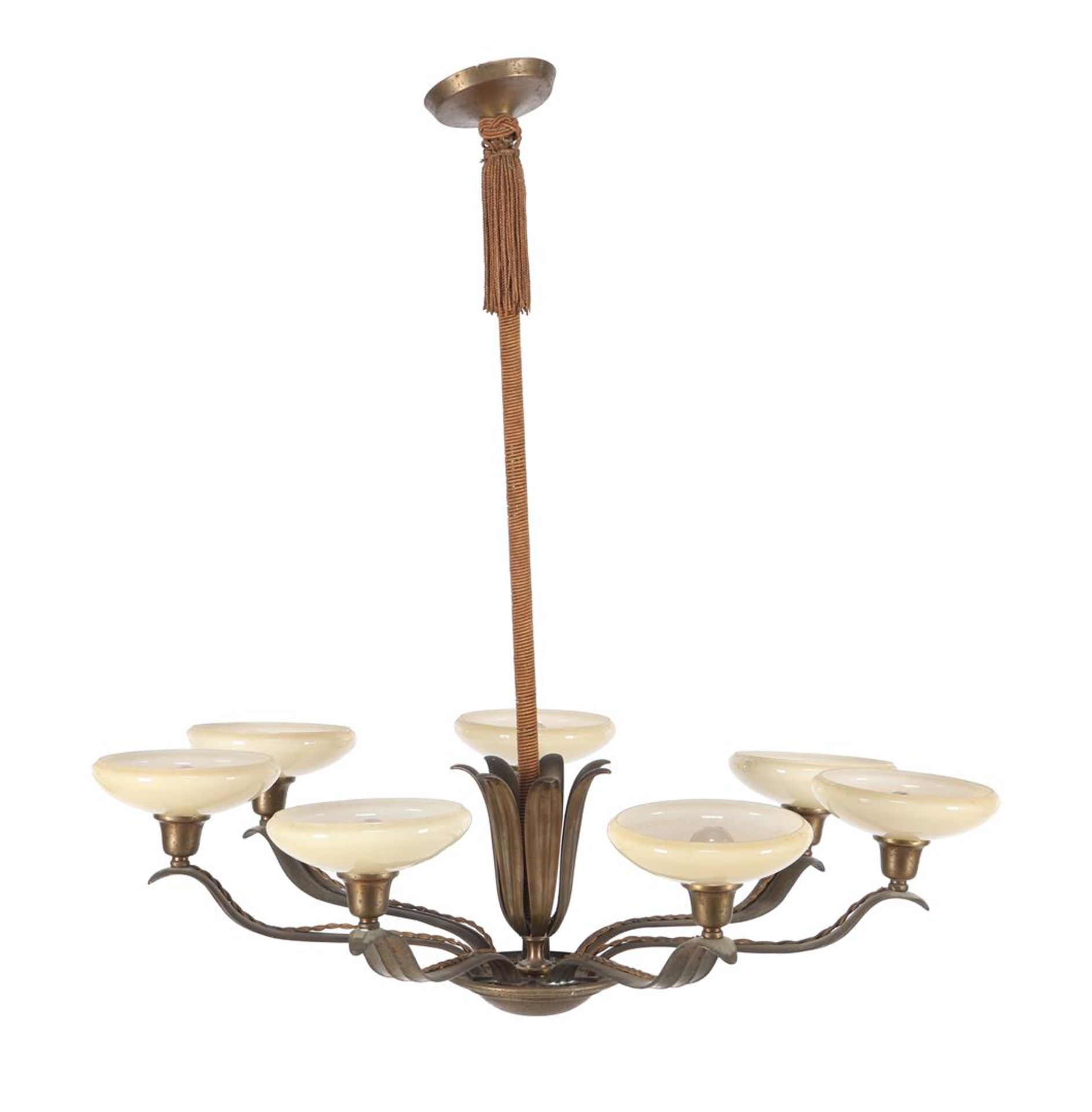 Bronze Art Deco 7-light hanging lamp with glass bowls