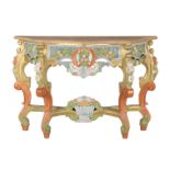 Teak wood richly decorated and polychrome colored console table
