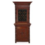 Oak 2-piece richly decorated Mechelen cabinet with 1-door stained glass