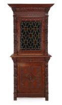 Oak 2-piece richly decorated Mechelen cabinet with 1-door stained glass