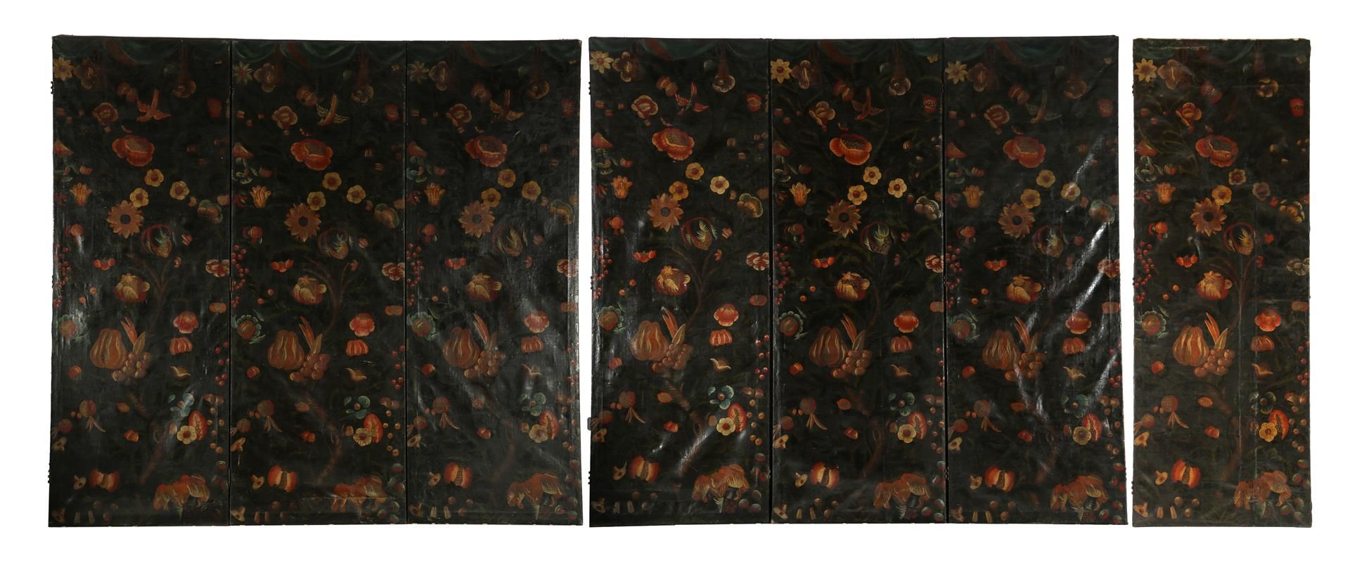 7-piece decorative screen consisting of painted linen with floral decor with birds