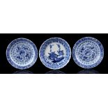 3 saucers with blue decor, 19th century