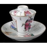 Porcelain Wu Shuang Pu cup and saucer with lid, 19th