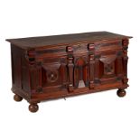 Oak blanket chest with walnut veneer front with marquetry decoration