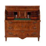 Mahogany veneer on oak cylinder desk with 3 drawers, front inlaid with brass piping