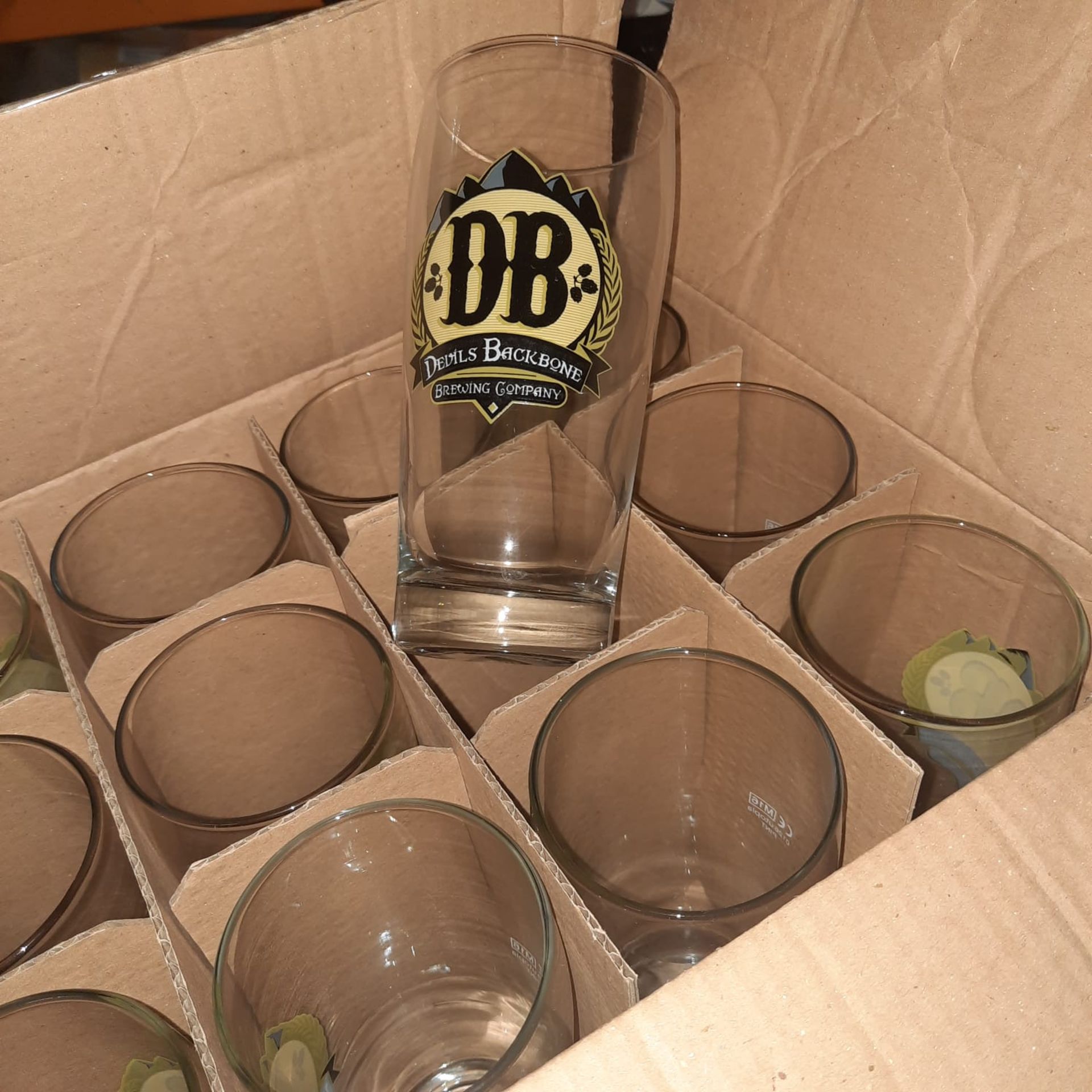 X 12 DB DEVILS BACKBONE PINT GLASSES - NEW & BOXED.