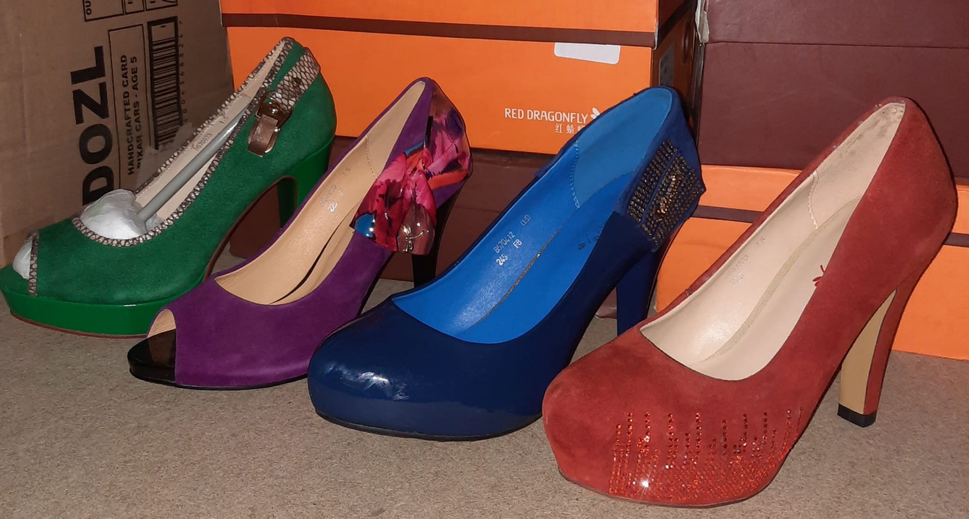 X 4 PAIRS OF LADIES SHOES IN VARIOUS STYLES COLOURS AND SIZES - NEW WITH DAMAGED BOXES.