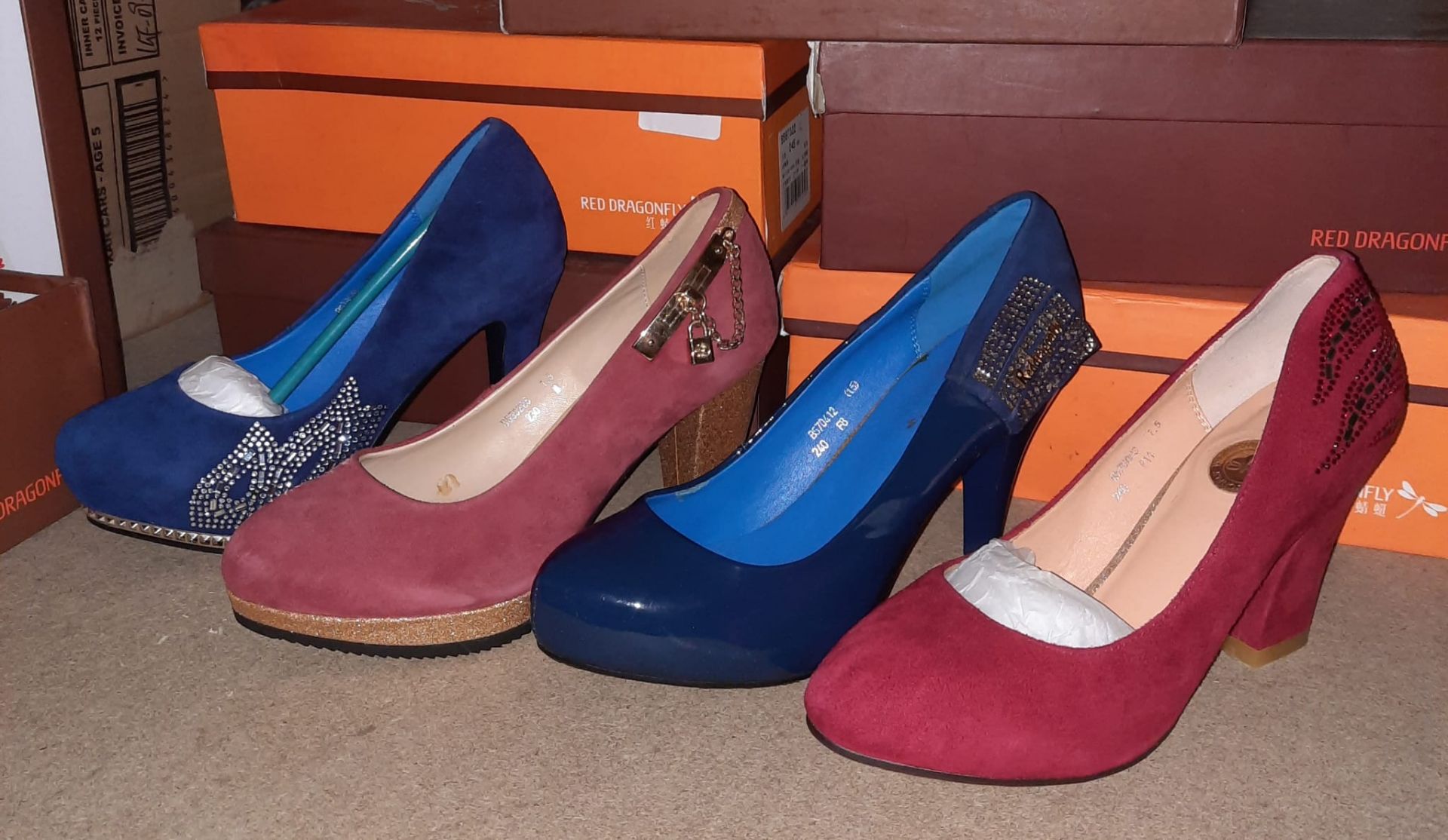 X 4 PAIRS OF LADIES SHOES IN VARIOUS STYLES COLOURS AND SIZES - NEW WITH DAMAGED BOXES.