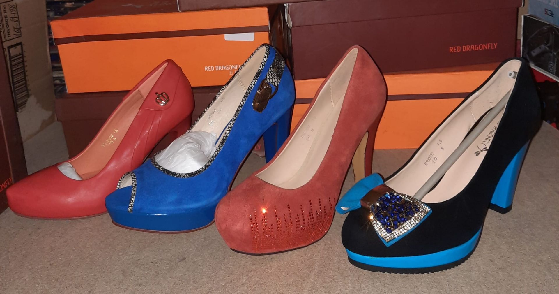 X 4 PAIRS OF LADIES SHOES IN VARIOUS STYLES COLOURS AND SIZES - NEW WITH DAMAGED BOXES.