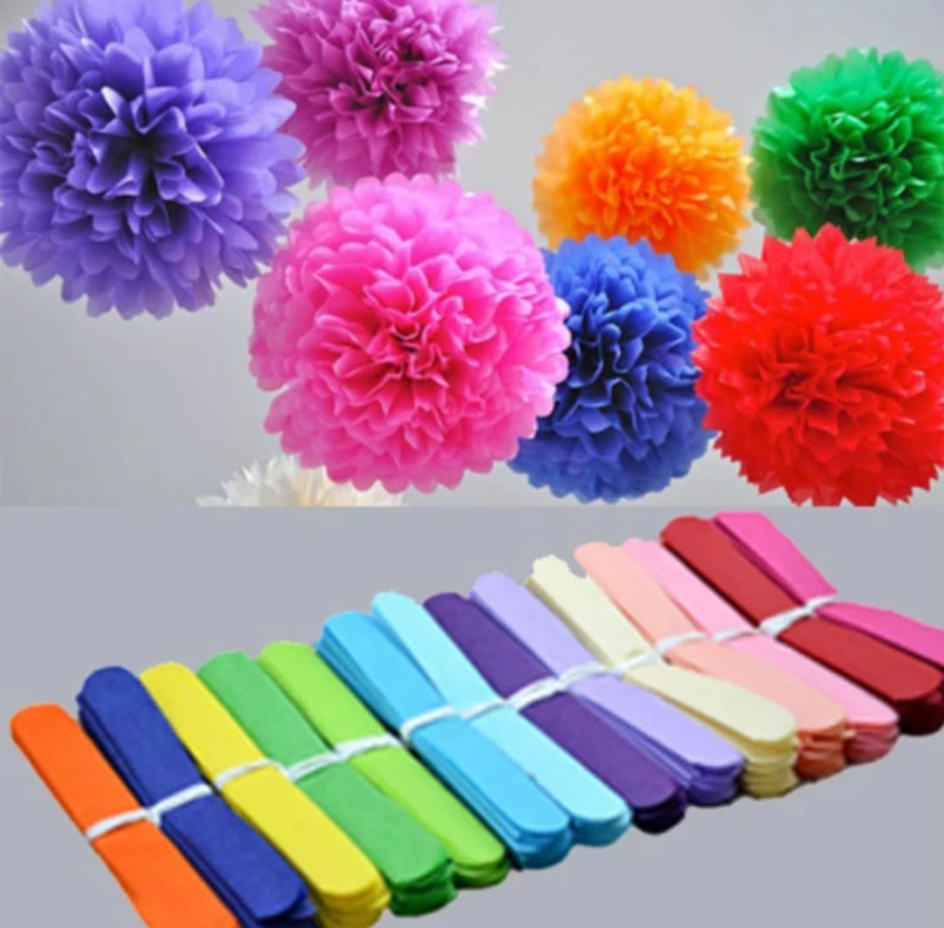 PALLET OF 300 FLUFFY TISSUE PAPER POM POMS HANGING ROSE BALLS GARLANDS - NEW & BOXED IN VARIUOS