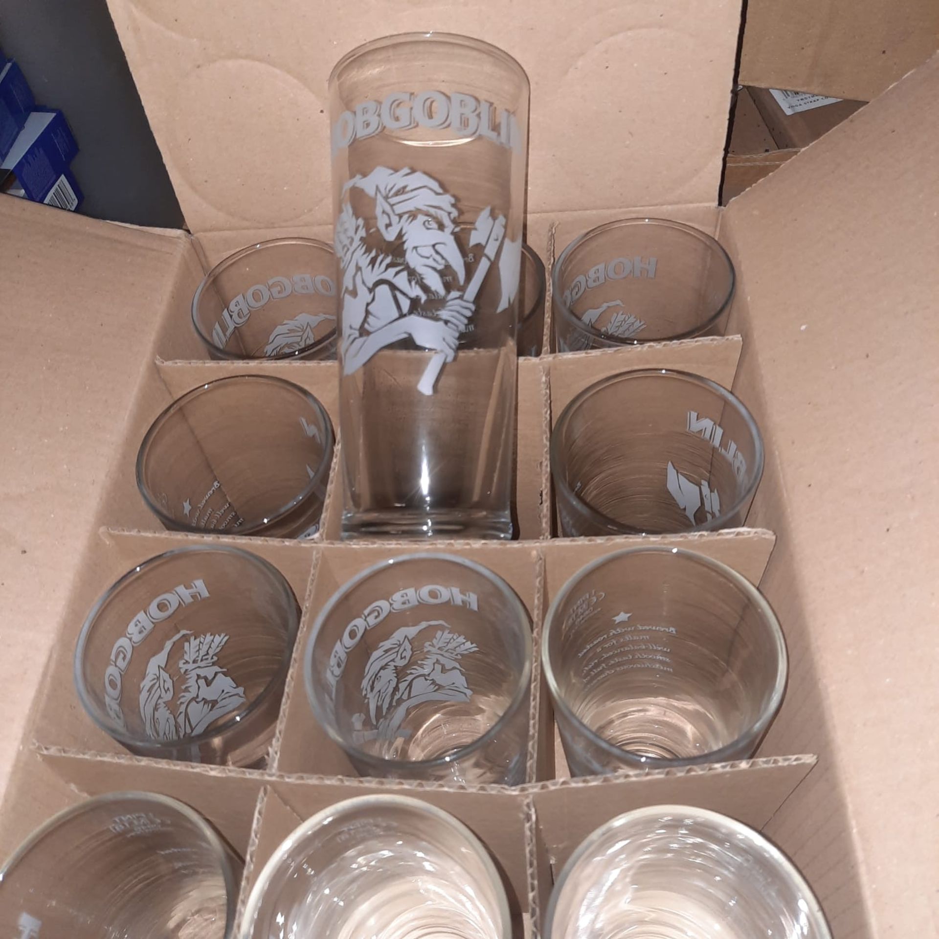 X 12 HOBGOBLIN PINT GLASSES - NEW & BOXED.