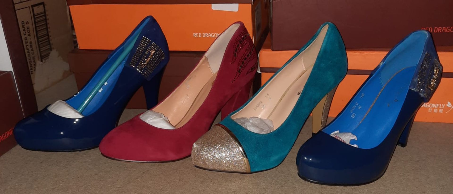 X 4 PAIRS OF LADIES SHOES IN VARIOUS STYLES COLOURS AND SIZES - NEW WITH DAMAGED BOXES.