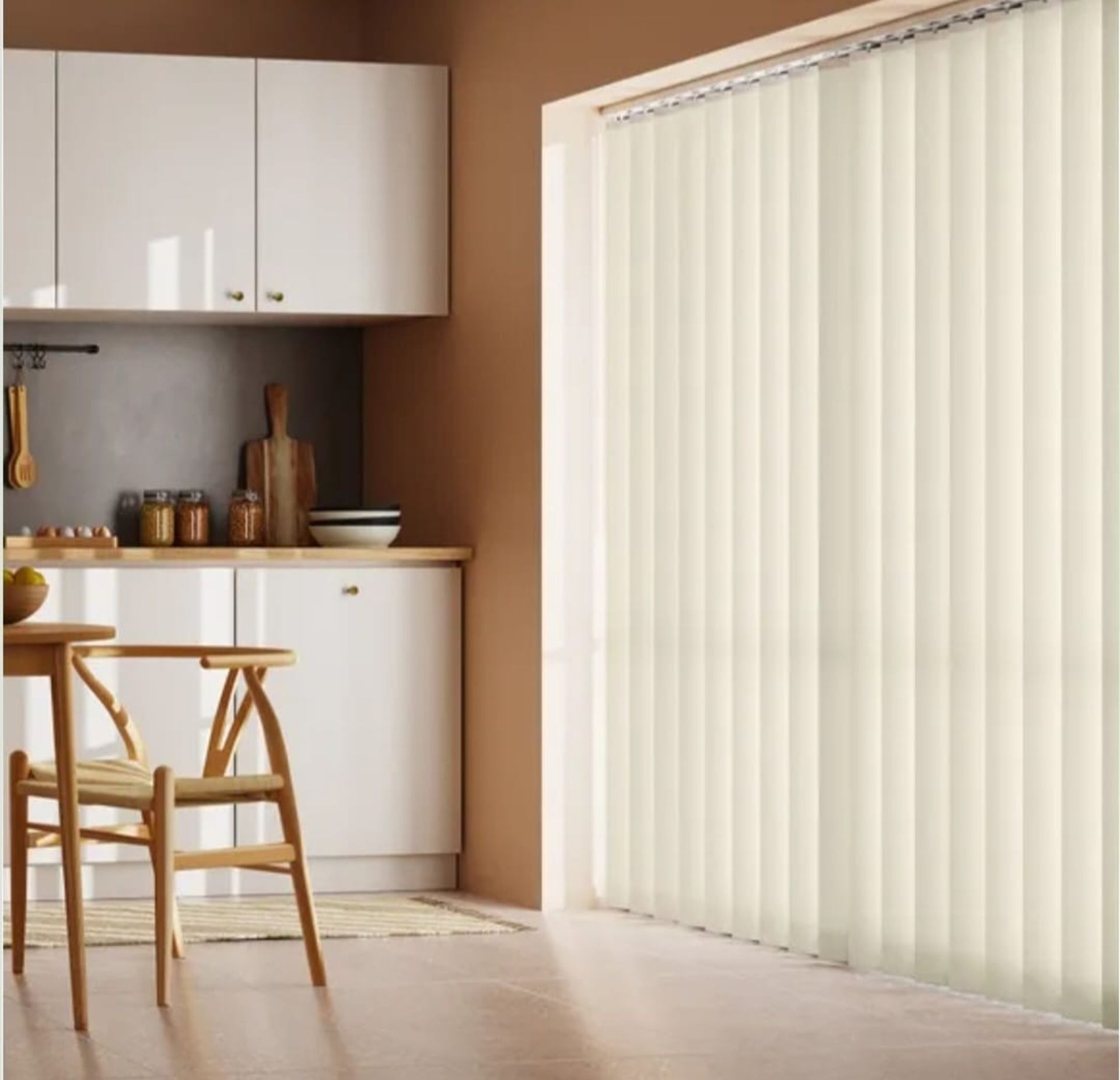 RRP £165 - CREAM VERTICAL BLIND -COMPLETE WITH POLE & FITTINGS SIZES: 300 X 260 - IMAGES ARE FOR