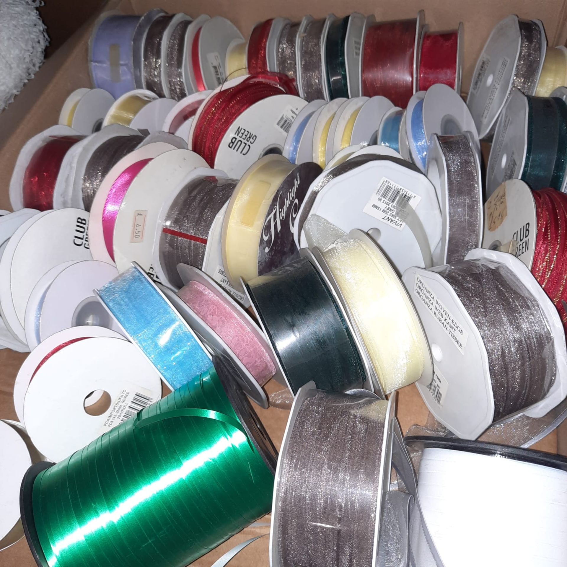 X 50 RIBBONS IN VARIOUS COLOURS, DESIGN AND SIZES - MIX CONDITIONS - SALEROOM ON TOP OF ROW (C).