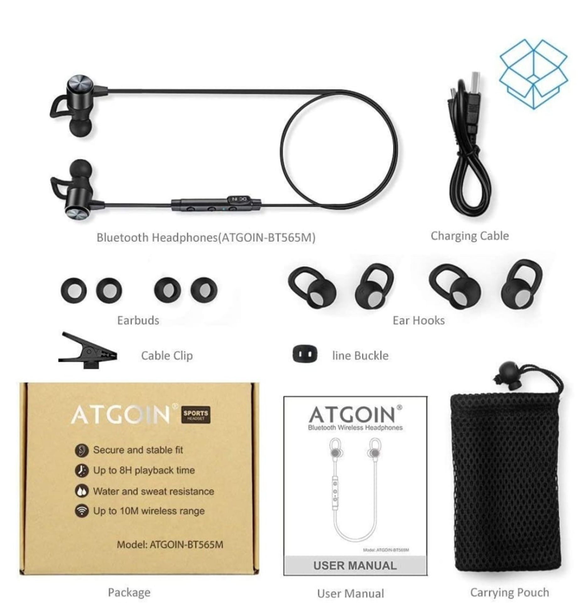 RRP £68.97 - X 2 NEW & BOXED SETS ATGOIN BLUETOOTH 4.1 MAGNETIC WIRELESS HEADPHONES SWEATPROOF & - Image 2 of 2