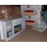 X 2 NEW & BOXED CAKE DOMES & X 2 DIGITALPHOTO FRAMES 7'' & X 6 GA CRYSTAL CHAGNE GLASSES WITH SILVER