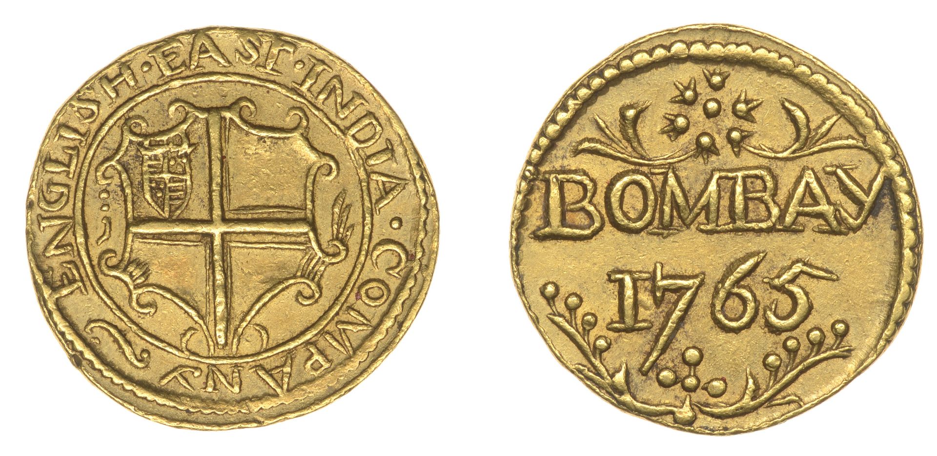 East India Company, Bombay Presidency, Early coinages: English design, gold Half-Mohur, 1765...