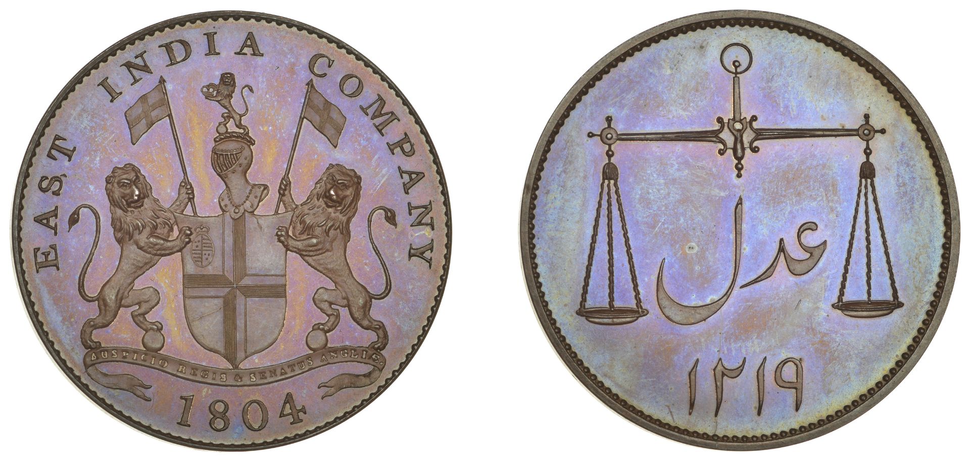 East India Company, Bombay Presidency, European minting, 1804 Soho, bronzed-copper Proof Dou...