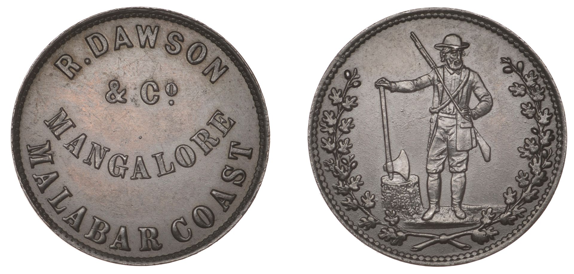 East India Company, Bombay Presidency, Malabar Coast, Mangalore, R. Dawson & Co, copper toke...