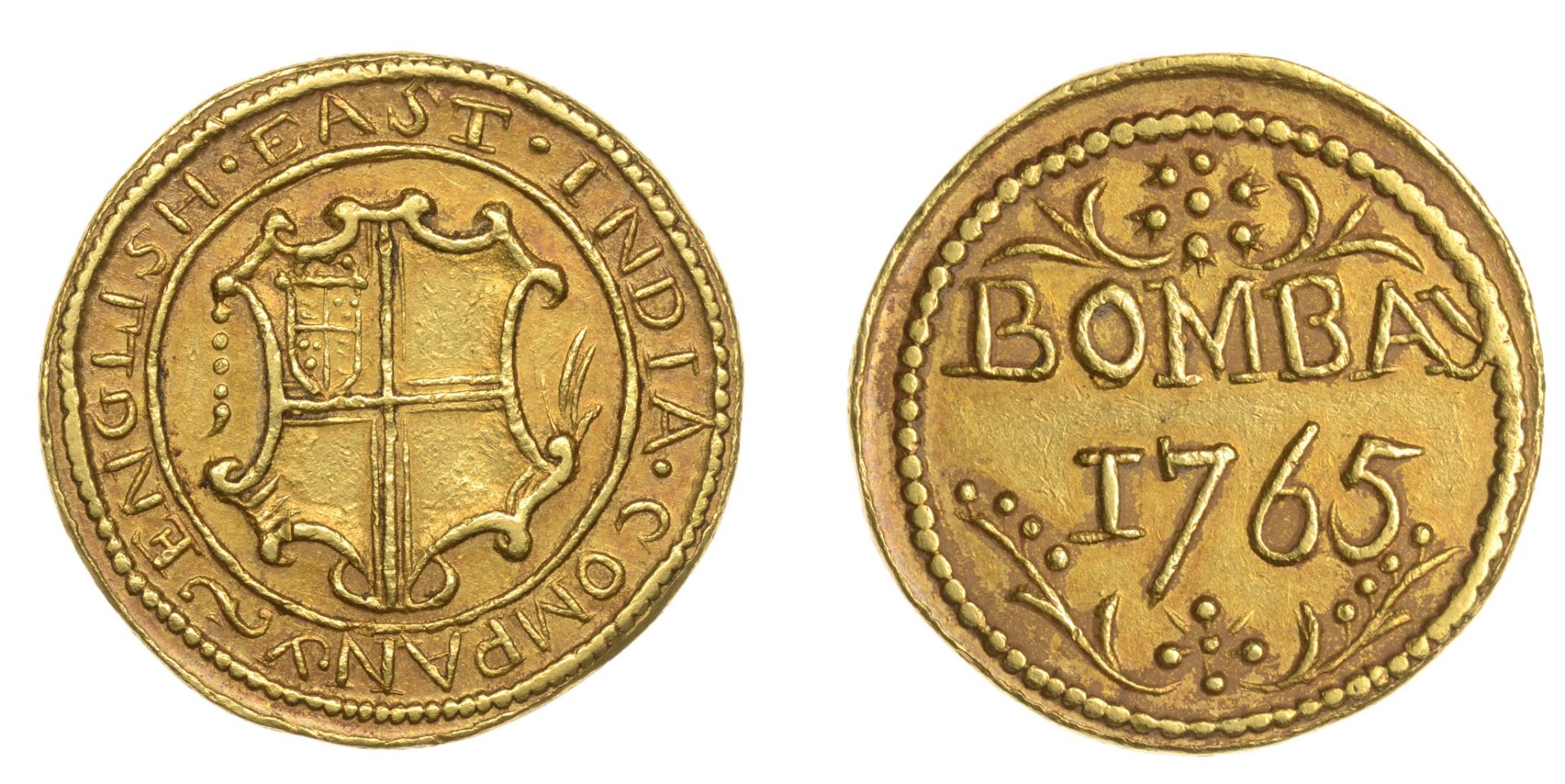 East India Company, Bombay Presidency, Early coinages: English design, gold Mohur of 15 Rupe...