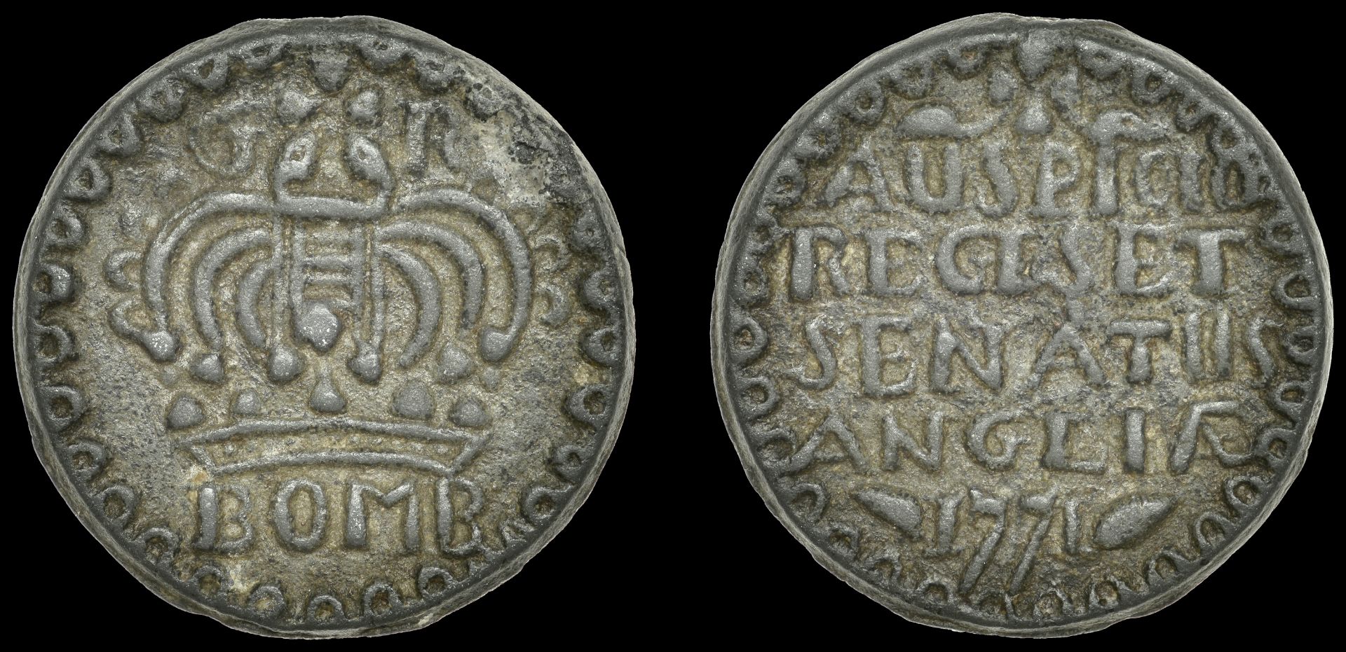 East India Company, Bombay Presidency, Early coinages: English design, zinc Pice, 1771, in t...