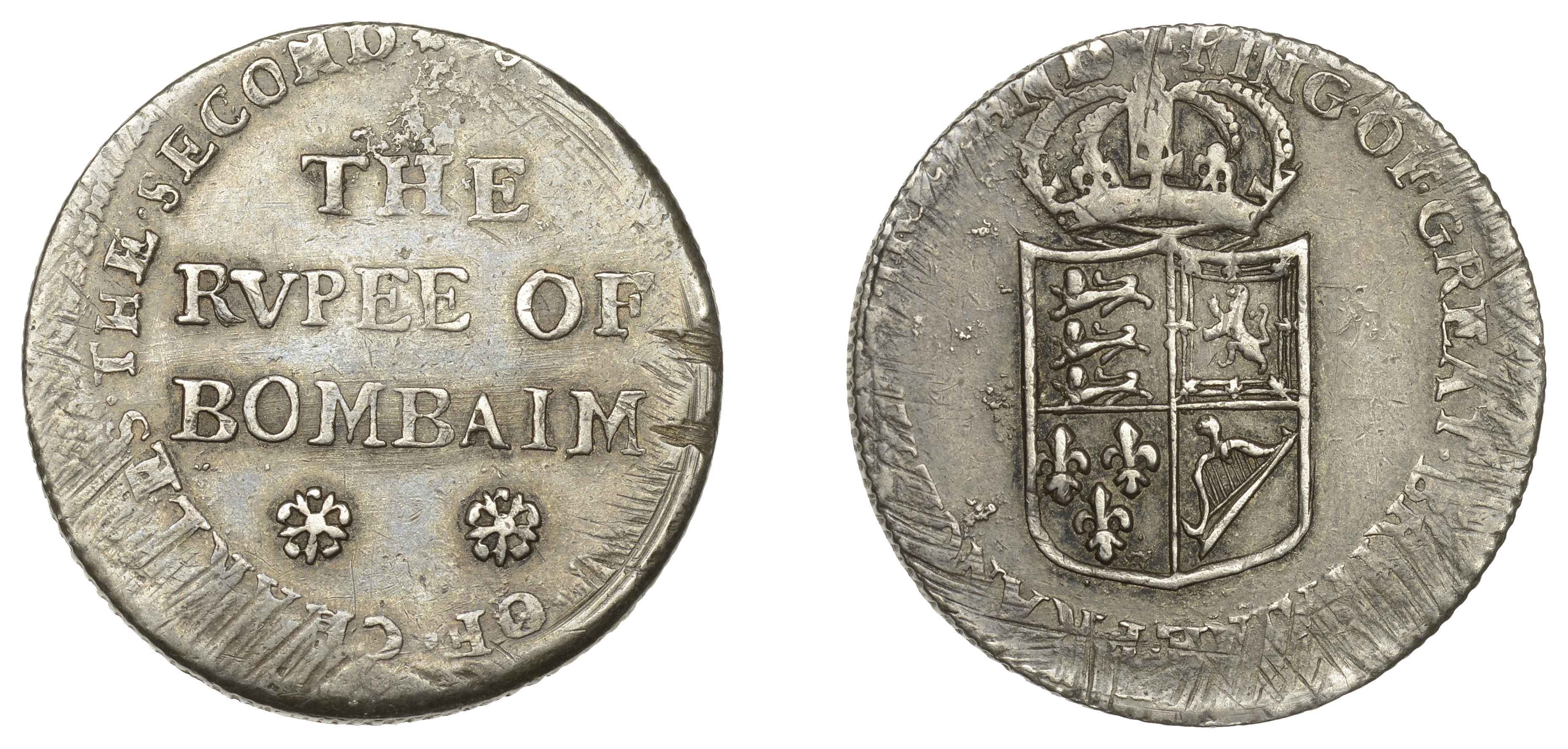 East India Company, Bombay Presidency, Early coinages: English design, silver Rupee in the n...