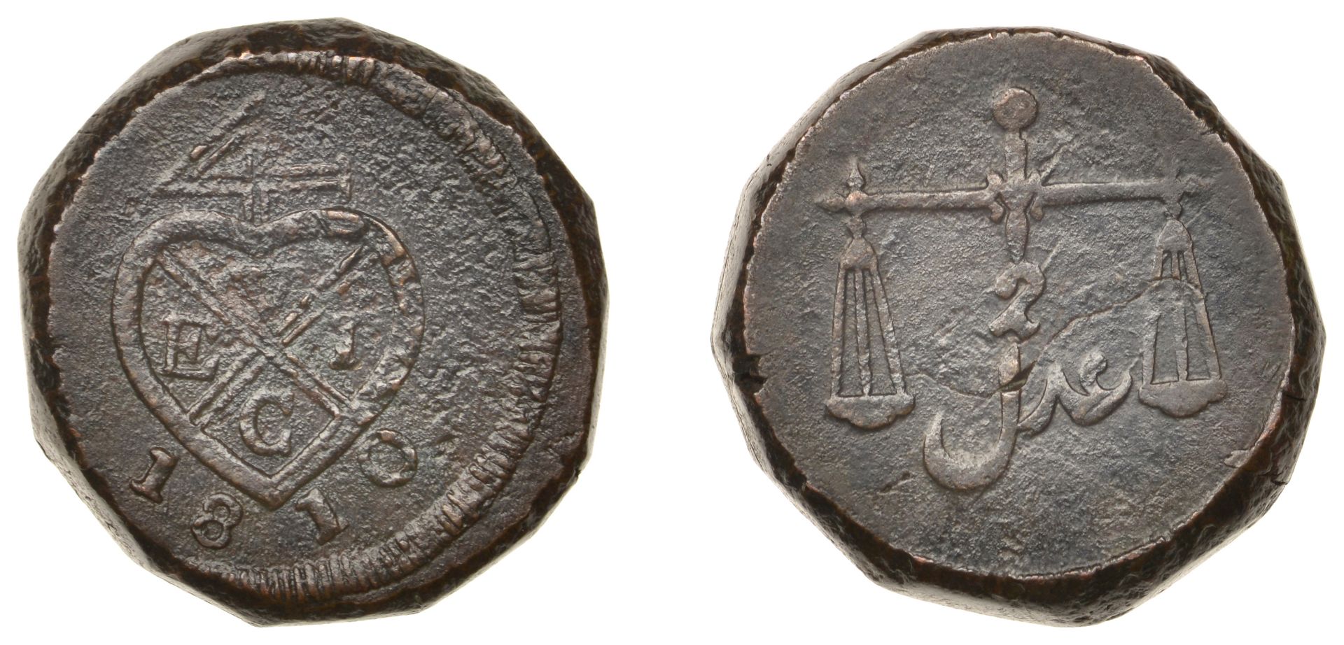 East India Company, Bombay Presidency, Later coinages: Local minting, copper 2 Pice, 1810, b...