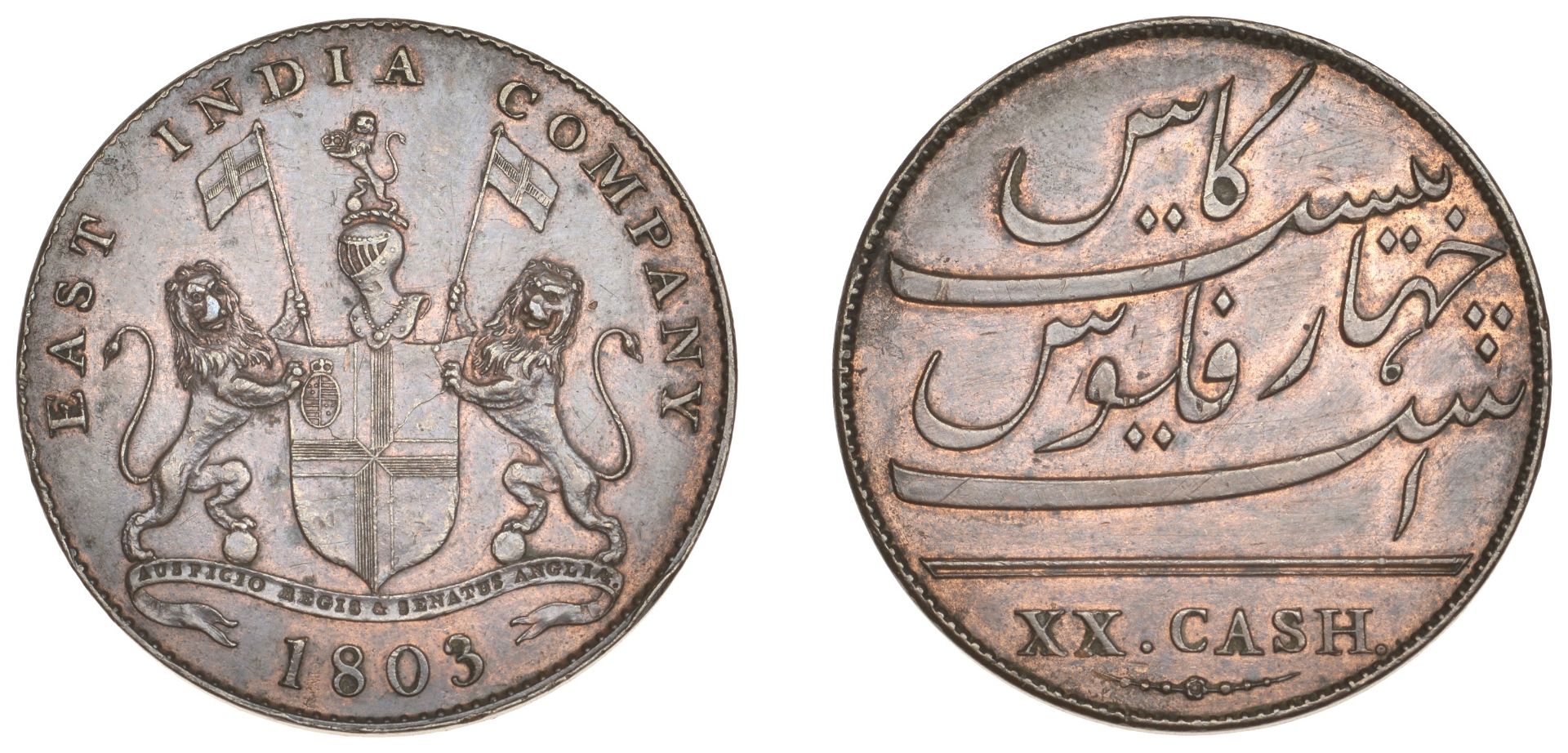 East India Company, Madras Presidency, European Minting, 1803-8, Soho, copper 20 Cash, 1803,...